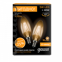 103801105P Лампа Gauss Filament Свеча E14 5W 2700-3000K (2 лампы в упаковке)