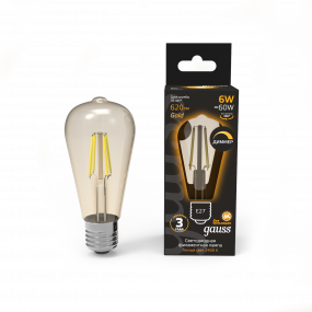 Лампа Gauss Filament ST64 6W 620lm 2400К Е27 golden диммируемая LED 1/10/40