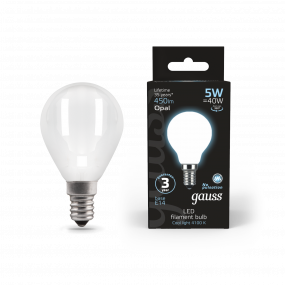 Лампа Gauss Filament Шар 5W 450lm 4100К Е14 milky LED 1/10/50