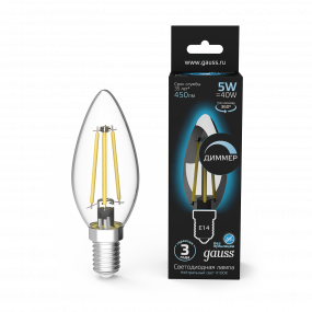 Лампа Gauss Filament Свеча 5W 450lm 4100К Е14 диммируемая LED 1/10/50