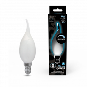 Лампа Gauss Filament Свеча на ветру 9W 610lm 4100К Е14 milky диммируемая LED 1/10/50