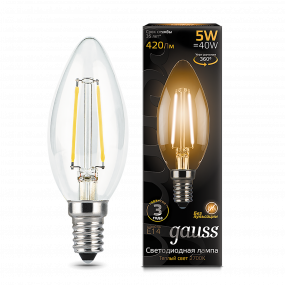 Лампа Gauss Filament Свеча 5W 420lm 2700К Е14 LED 1/10/50