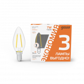 Лампа Gauss Filament Свеча 7W 550lm 2700К Е14 LED (3 лампы в упаковке) 1/20