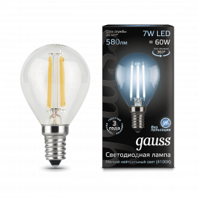 Лампа Gauss Filament Шар 7W 580lm 4100К Е14 LED 1/10/50