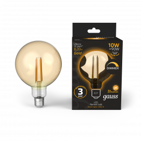 Лампа Gauss Filament G125 10W 820lm 2400К Е27 golden диммируемая LED 1/20