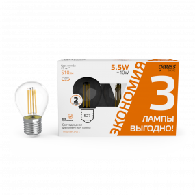 Лампа Gauss Basic Filament Шар 5,5W 510lm 2700К Е27 LED (3 лампы в упаковке) 1/20