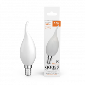 Лампа Gauss Basic Filament Свеча на ветру 8,5W 590lm 2700К Е14 milky  LED 1/10/50