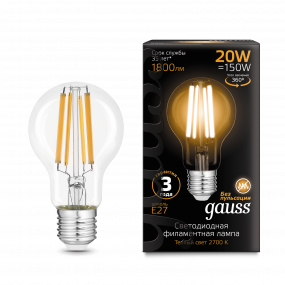 Лампа Gauss Filament А60 20W 1800lm 2700К Е27 LED 1/10/40