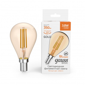 Лампа Gauss Basic Filament Шар 3,8W 350lm 2400К Е14 golden LED 1/10/50