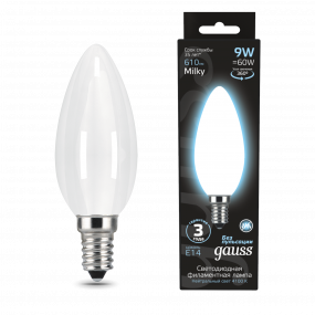 Лампа Gauss Filament Свеча 9W 610lm 4100К Е14 milky LED 1/10/50