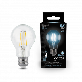 Лампа Gauss Filament А60 6W 630lm 4100К Е27 LED 1/10/40