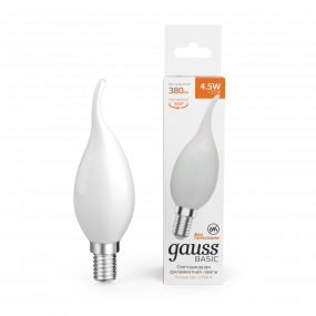 Лампа Gauss Basic Filament Свеча на ветру 4,5W 380lm 2700К Е14 milky  LED 1/10/50