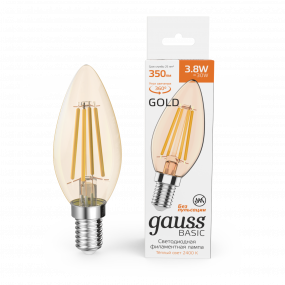 Лампа Gauss Basic Filament Свеча 3,8W 350lm 2400К Е14 golden LED 1/10/50