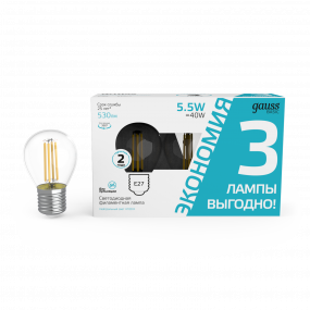 Лампа Gauss Basic Filament Шар 5,5W 530lm 4100К Е27 LED (3 лампы в упаковке) 1/20