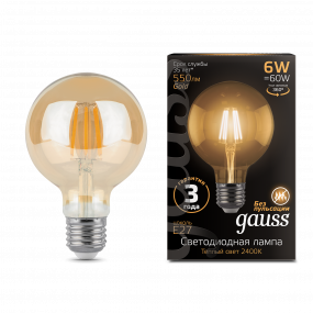 Лампа Gauss Filament G95 6W 550lm 2400К Е27 golden LED 1/20