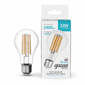 Лампа Gauss Basic Filament А70 23W 2400lm 4100К Е27 LED 1/10/40