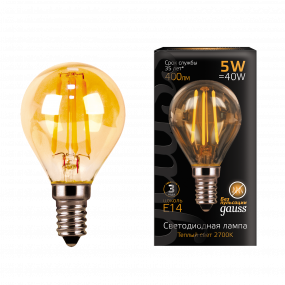 Лампа Gauss Filament Шар 5W 400lm 2700К Е14 golden LED 1/10/50