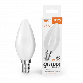 Лампа Gauss Basic Filament Свеча 8,5W 590lm 2700К Е14 milky  LED 1/10/50