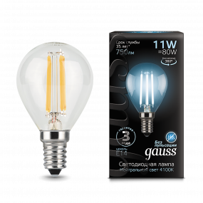 Лампа Gauss Filament Шар 11W 830lm 4100К Е14 LED 1/10/50