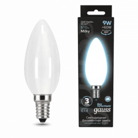Лампа Gauss Filament Свеча 9W 610lm 4100К Е14 milky LED 1/10/50