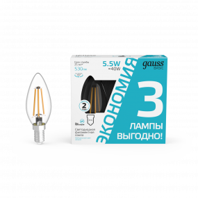 Лампа Gauss Basic Filament Свеча 5,5W 530lm 4100К Е14 LED (3 лампы в упаковке) 1/20