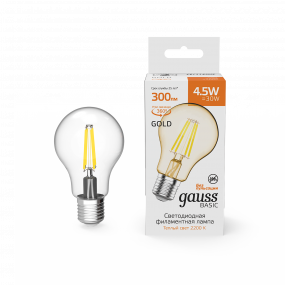 Лампа Gauss Basic Filament А60 4,5W 300lm 2200К Е27 golden LED 1/10/40