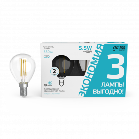 Лампа Gauss Basic Filament Шар 5,5W 530lm 4100К Е14 LED (3 лампы в упаковке) 1/20