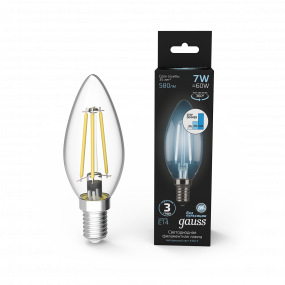 Лампа Gauss Filament Свеча 7W 580lm 4100К Е14 шаг. диммирование LED 1/10/50