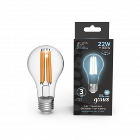 Лампа Gauss Filament А70 22W 2100lm 4100К Е27 LED 1/10/40