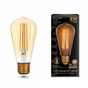 Лампа Gauss Filament ST64 8W 740lm 2400К Е27 golden LED 1/10/40