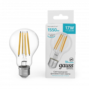 Лампа Gauss Basic Filament А60 17W 1550lm 4100К Е27 LED 1/10/40