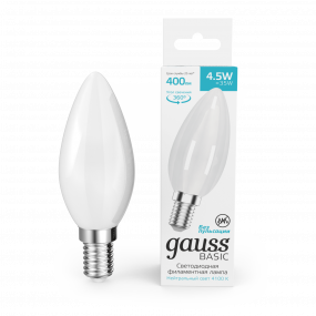 Лампа Gauss Basic Filament Свеча 4,5W 400lm 4100К Е14 milky  LED 1/10/50