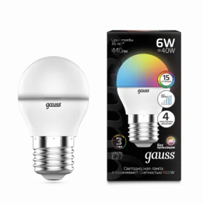 105102406 Лампа Gauss Шар G45 6W E27 RGBW+димирование LED 1/10/100