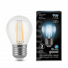 Лампа Gauss Filament Шар 9W 710lm 4100К Е27 LED 1/10/50