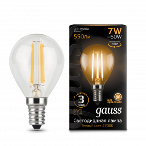 Лампа Gauss Filament Шар 7W 550lm 2700К Е14 LED 1/10/50