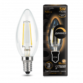 Лампа Gauss Filament Свеча 5W 420lm 2700К Е14 диммируемая LED 1/10/50