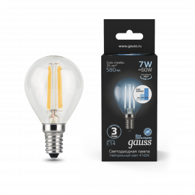 Лампа Gauss Filament Шар 7W 580lm 4100К Е14 шаг. диммирование LED 1/10/50