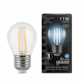 Лампа Gauss Filament Шар 11W 830lm 4100К Е27 LED 1/10/50