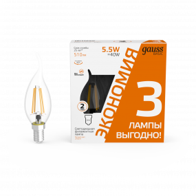 Лампа Gauss Basic Filament Свеча на ветру 5,5W 510lm 2700К Е14 LED (3 лампы в упаковке) 1/20