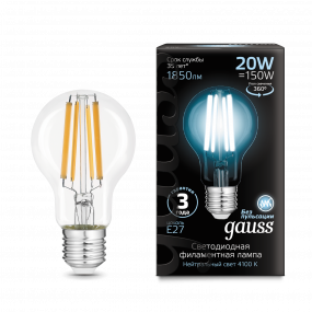 Лампа Gauss Filament А60 20W 1850lm 4100К Е27 LED 1/10/40