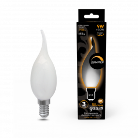 Лампа Gauss Filament Свеча на ветру 9W 590lm 3000К Е14 milky диммируемая LED 1/10/50