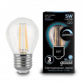 Лампа Gauss Filament Шар 5W 450lm 4100К Е27 диммируемая LED 1/10/50