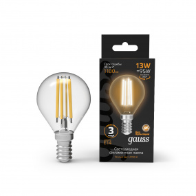 Лампа Gauss Filament Шар 13W 1100lm 2700К Е14 LED 1/10/50