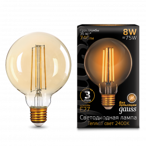 Лампа Gauss Filament G95 8W 740lm 2400К Е27 golden LED 1/20