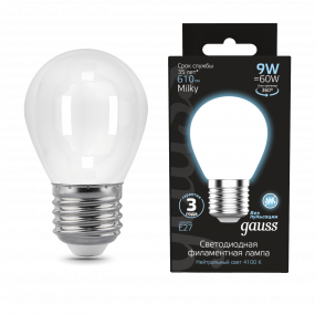 Лампа Gauss Filament Шар 9W 610lm 4100К Е27 milky LED 1/10/50