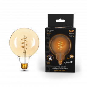 Лампа Gauss Filament G125 6W 360lm 2400К Е27 golden flexible LED 1/20