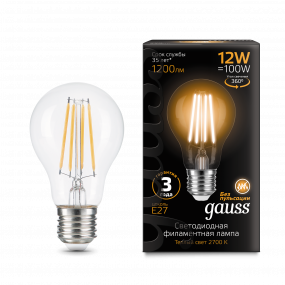 Лампа Gauss Filament А60 12W 1200lm 2700К Е27 LED 1/10/40