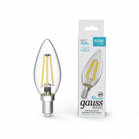 Лампа Gauss Basic Filament Свеча 4,5W 420lm 4100К Е14 LED 1/10/50