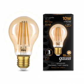 Лампа Gauss Filament А60 10W 820lm 2400К Е27 golden LED 1/10/40