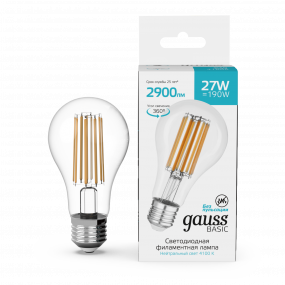 Лампа Gauss Basic Filament А70 27W 2900lm 4100К Е27 LED 1/10/40